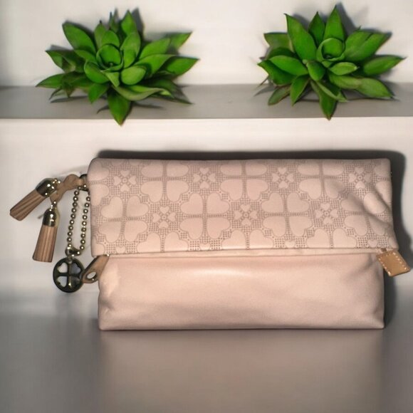 Folli Follie Clutch Pink Leather Perforated Heart Etched Folding Bag Greece - Picture 1 of 11